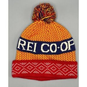 REI CO-OP Youth 7-14Y Kids Winter Beanie Retro Hat Pom‎ Red Orange Navy
